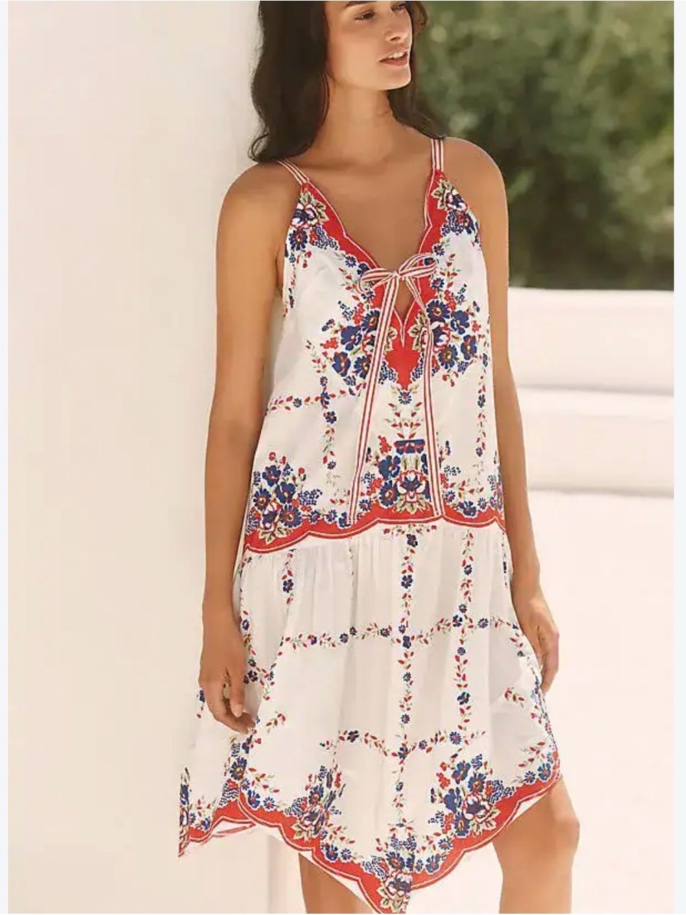 Celandine Plunge-Neck Drop-Waist Cotton Midi Dress, Red, White, & Blue (S)